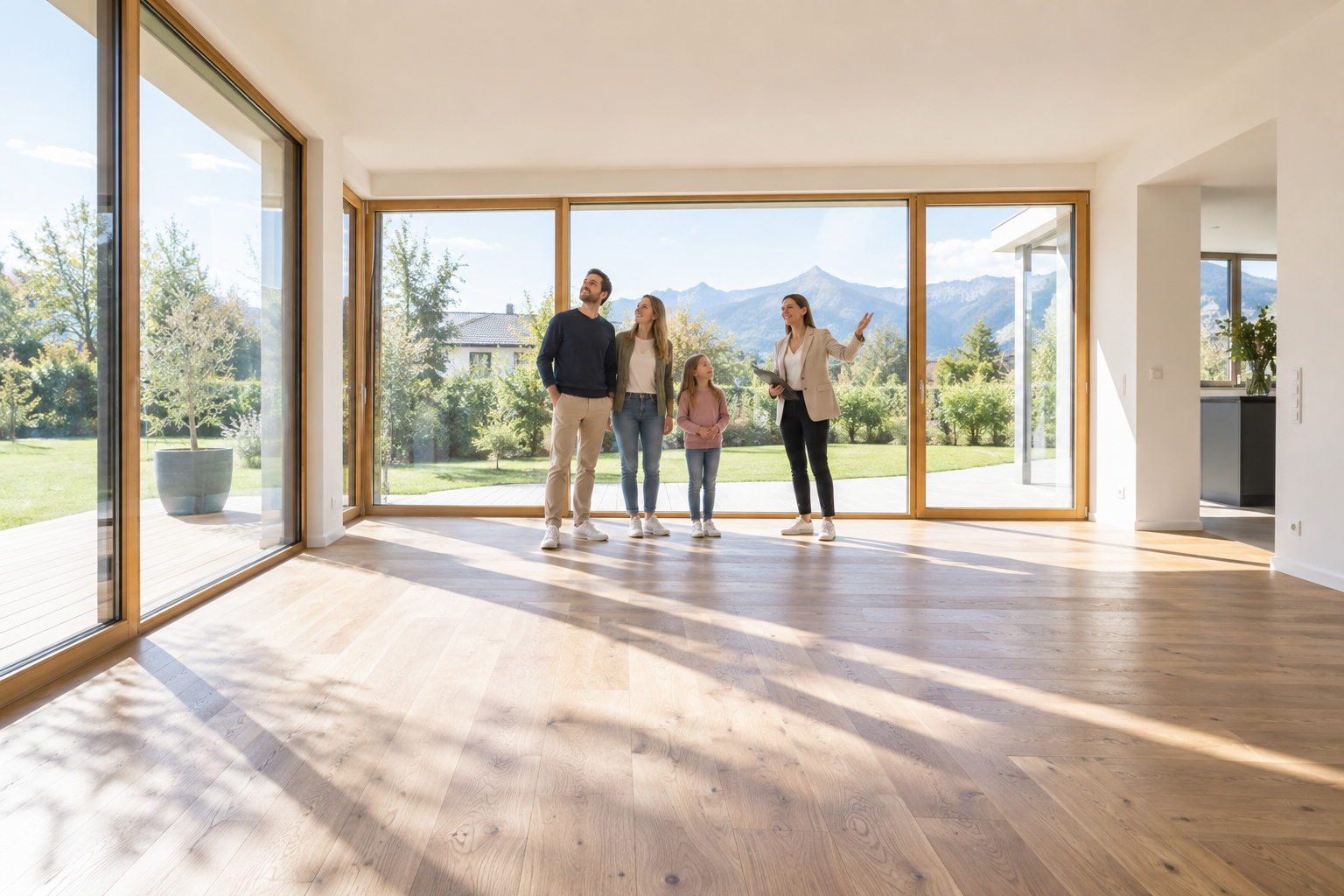 Familie bei der Besichtigung eines hellen Hauses